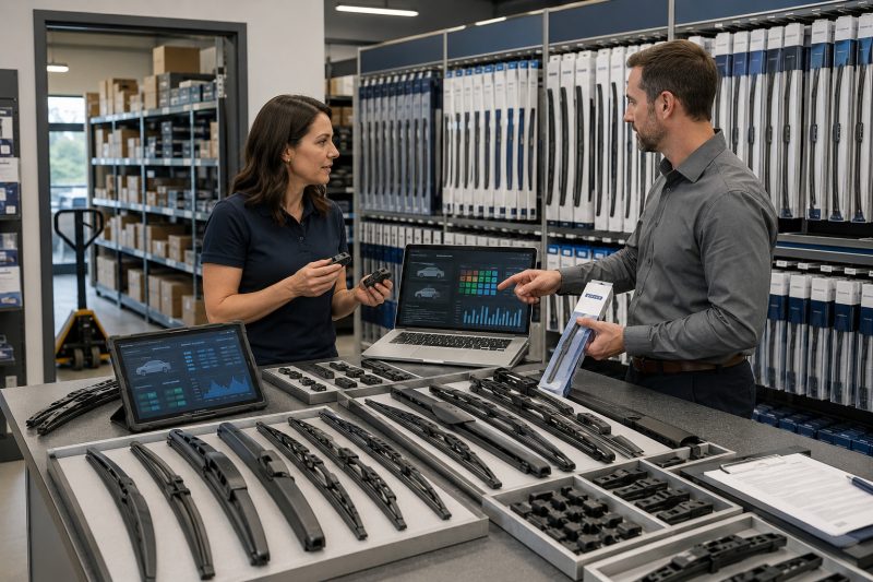 Automotive parts retailer selecting wholesale flat, hybrid, conventional, OE exact-fit, and rear wiper blades using vehicle fitment and inventory data.