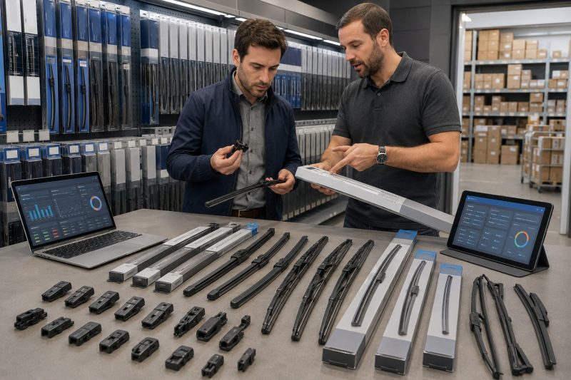 Automotive parts retailer selecting wholesale flat, hybrid, conventional, OE exact-fit, and rear wiper blades using vehicle fitment and inventory data.