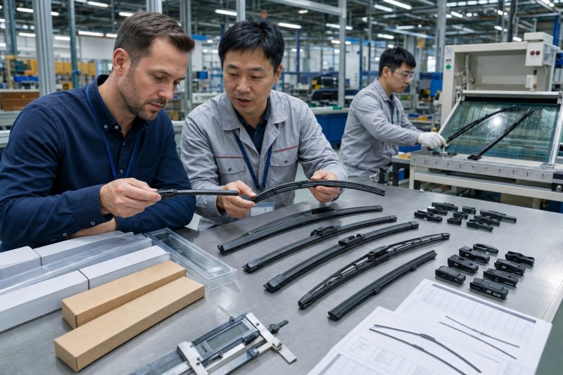 International automotive aftermarket buyer inspecting wiper blade samples, adapters, quality records, fitment data, and private-label packaging at a Chinese factory.