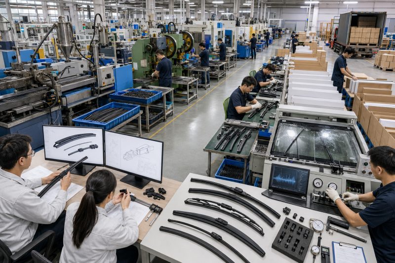 Complete OEM and ODM wiper blade manufacturing process covering engineering design, component production, assembly, performance testing, quality control, and private-label packaging.
