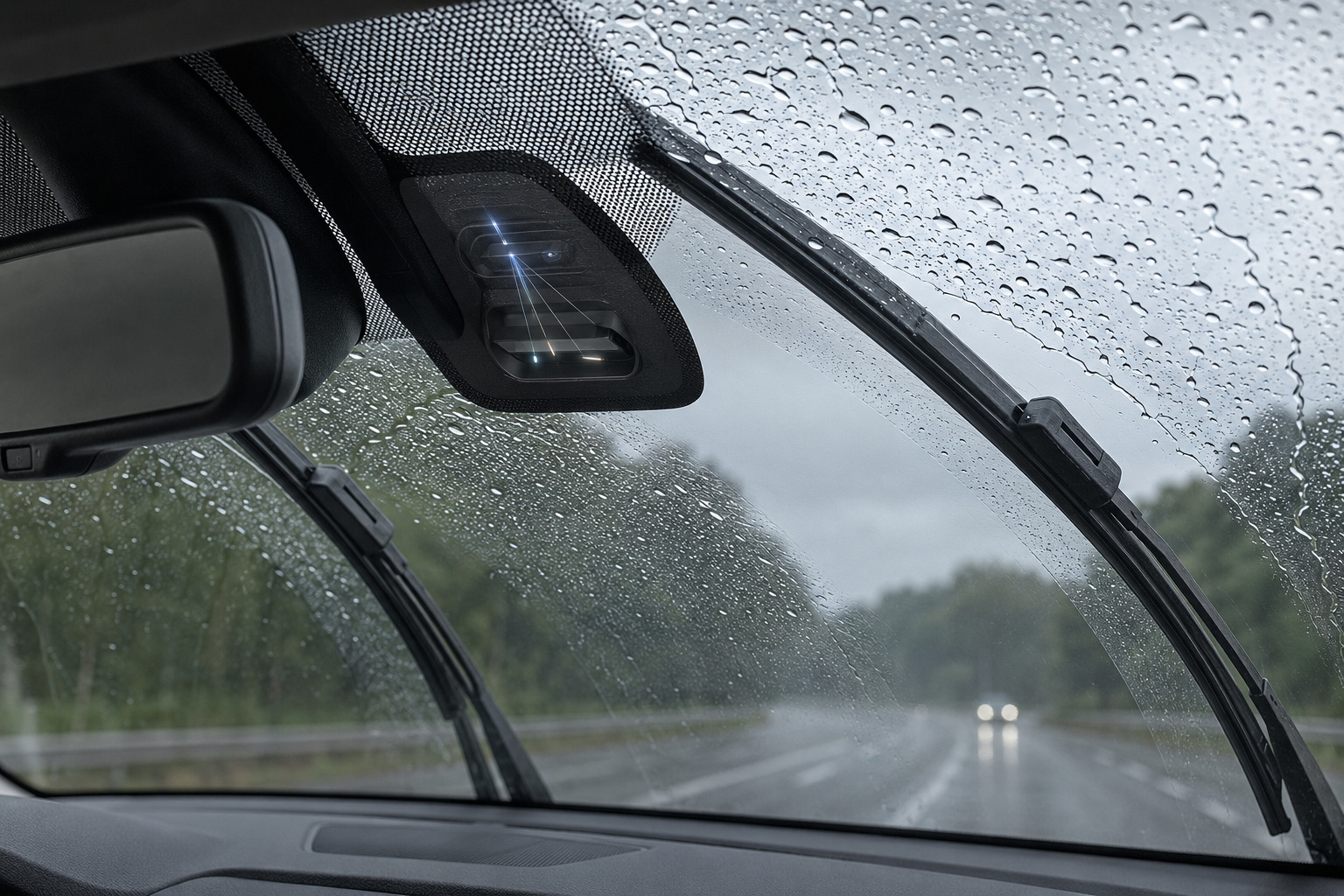 Correctly fitted windshield wiper blades clearing water evenly across the rain sensor area for reliable automatic wiper operation.