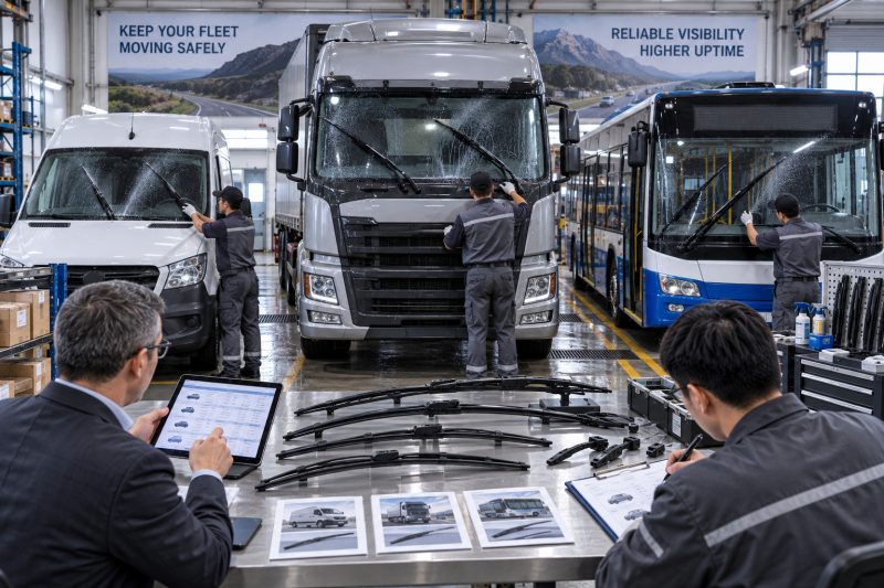 Commercial wiper blade testing on vans, trucks, and buses to verify fitment, durability, wiping performance, and fleet suitability.
