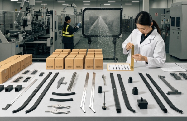 Batch quality control using golden samples, material checks, performance testing, and traceability to maintain consistent wiper blade quality.