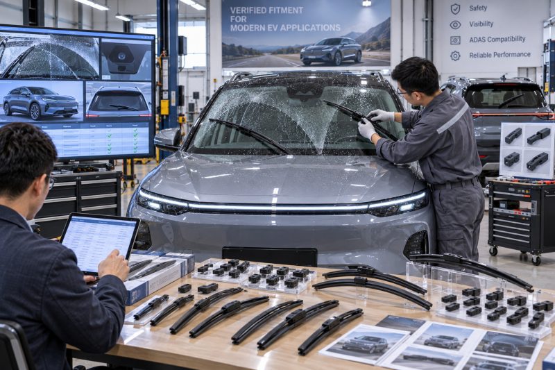 Technician verifying wiper blade connectors, windshield contact, ADAS coverage, and regional fitment on a modern electric vehicle.