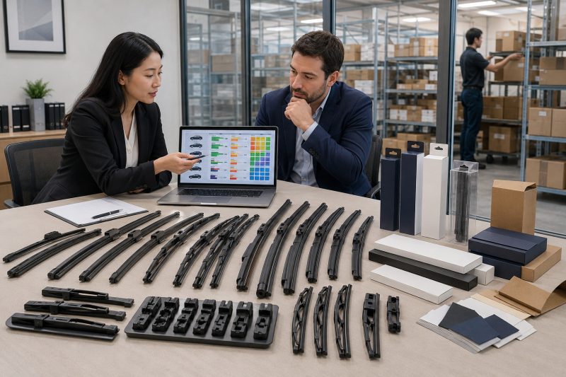 B2B buyer planning a low-MOQ wiper blade order using focused SKUs, demand data, multi-fit adapters, standard packaging, and controlled inventory.