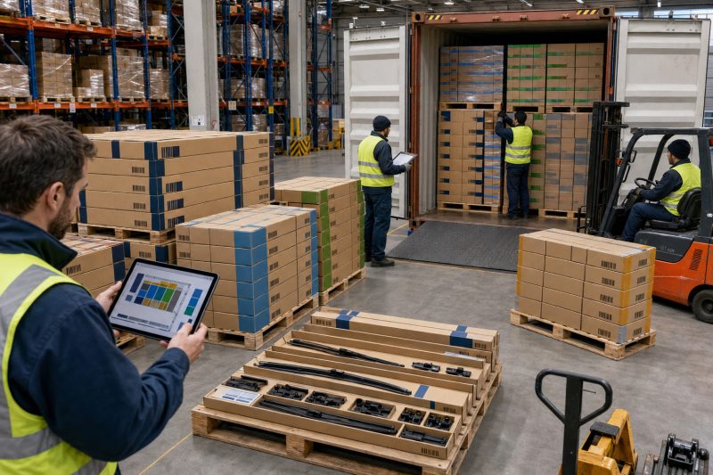 Organized warehouse and container-loading plan illustrating how distributors can balance wiper blade sizes, adapters, product structures, packaging, and SKU quantities to reduce inventory risk.