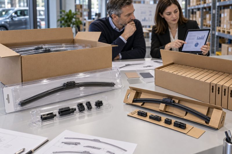 Comparison of oversized plastic blister packaging and a lightweight recyclable paperboard design for EU wiper blade brands