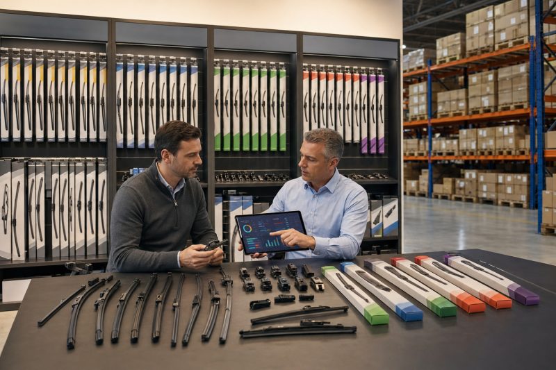 B2B wiper blade assortment combining conventional, beam, hybrid, OE-fit, and rear blades across different vehicle applications, price tiers, and sales channels.