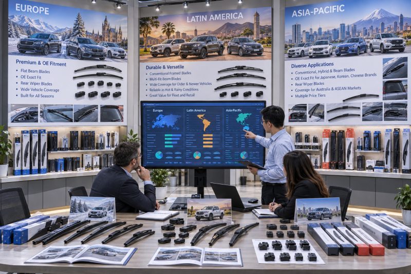 Comparison of wiper blade product mixes for Europe, Latin America, and Asia-Pacific based on vehicle fitment, climate, and market demand.