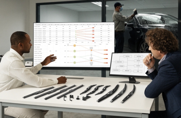 Wiper blade product data connected to verified vehicle applications, adapters, positions, and OE references in an electronic parts catalogue.