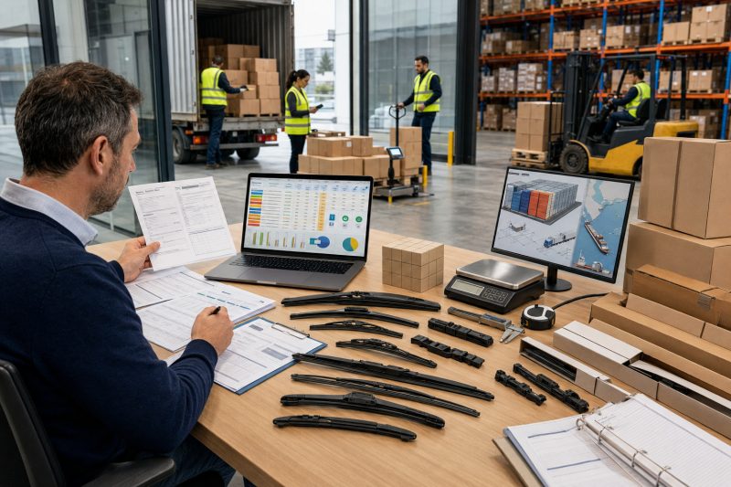Automotive parts importer calculating the landed cost of mixed wiper blade SKUs using supplier prices, freight, customs duties, inspection, and warehouse expenses.