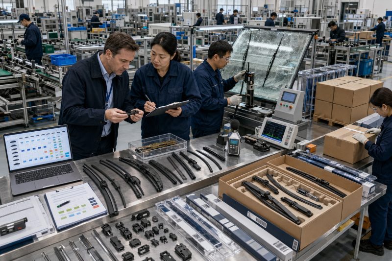 Professional automotive aftermarket buyer auditing a wiper blade factory’s production, quality system, fitment data, testing, packaging, and traceability.