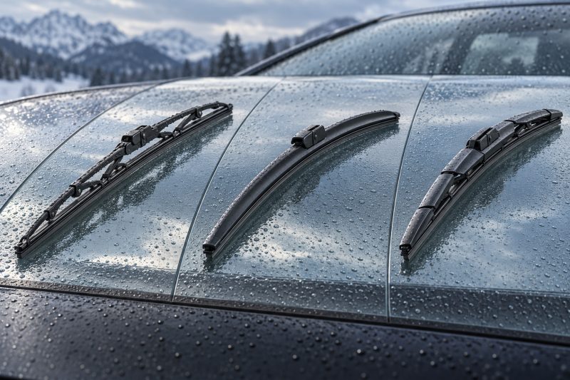 Beam, hybrid, and conventional wiper blades compared by structure, windshield contact, weather resistance, and vehicle suitability.