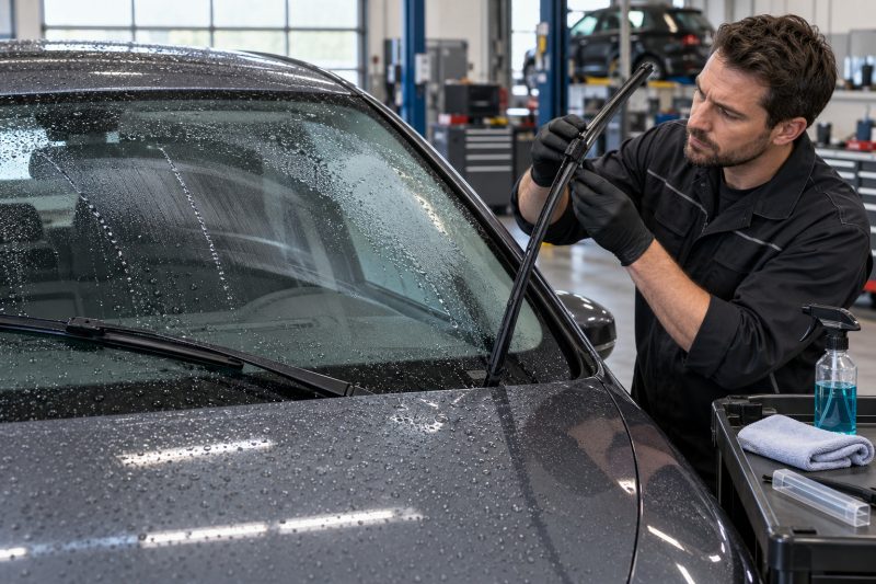 New wiper blades leaving streaks on a wet windshield while a technician checks glass contamination, rubber condition, fitment, and installation.