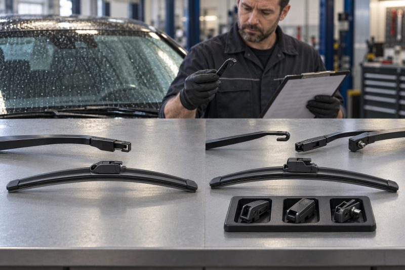OE exact-fit and universal multi-fit wiper blades compared by connector design, installed profile, adapter selection, and vehicle coverage.