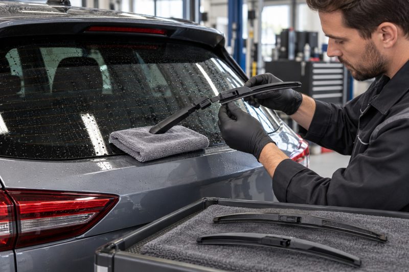 Technician comparing rear wiper blade size, connector, curvature, and vehicle fitment before safe installation.