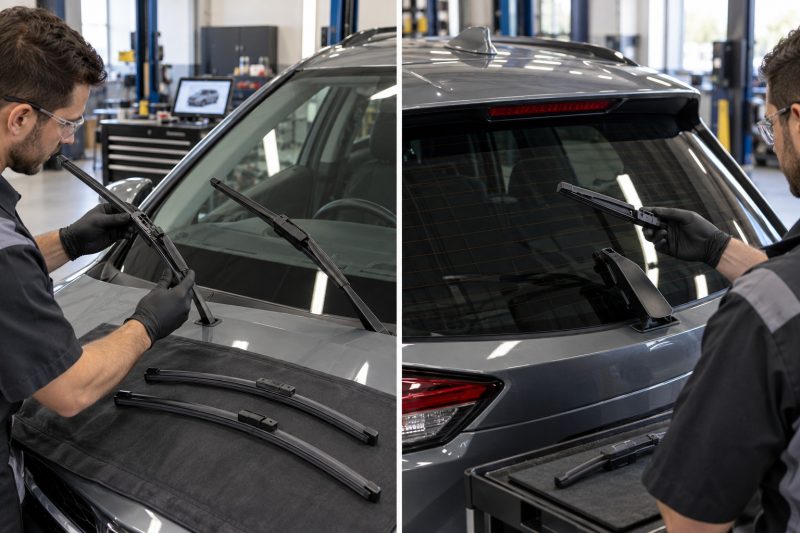 Toyota RAV4 driver-side, passenger-side, and rear wiper blades checked by model year, connector type, and installation position.